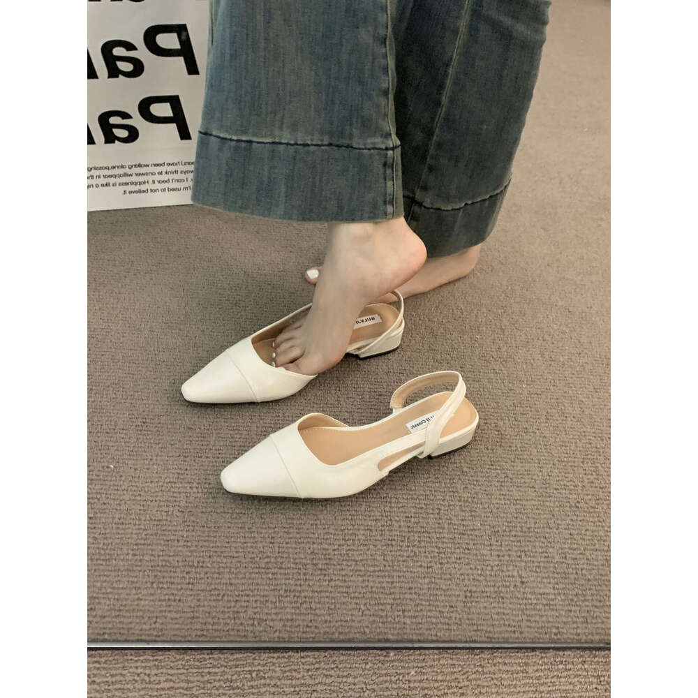 Pointed Toe Sandals Women, French Gentle designer shoes Evening Nude Color, Small Fragrance Style, Elegant Chunky Heel, Backless, Airy Single Shoes fo