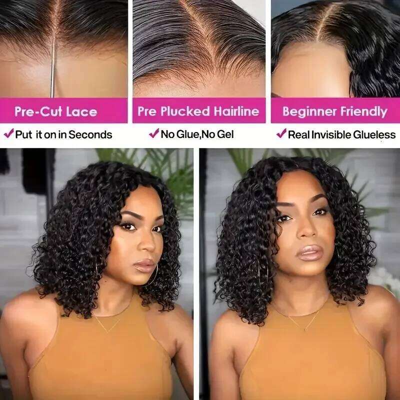 Put On And Go Glueless Bob Wigs Human Hair For Women Plucked Pre Cut Ready To Wear Kinky Synthetic Curly Lace Front Wig