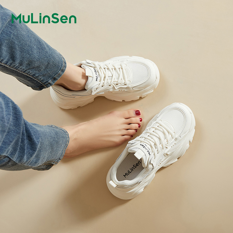 Mulinsen women's shoes 2025 new white sneakers breathable casual sports shoes show small feet summer thick-soled dad shoes