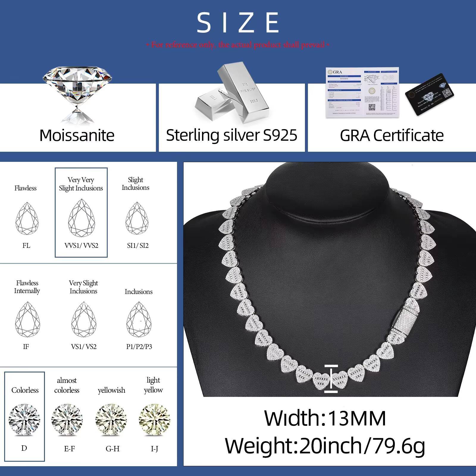 Hip Hop Jewelry High Quality 13mm 925 Sterling Silver VVS Moissanite Diamond Iced Out Buguette Heart Tennis Chain Necklace