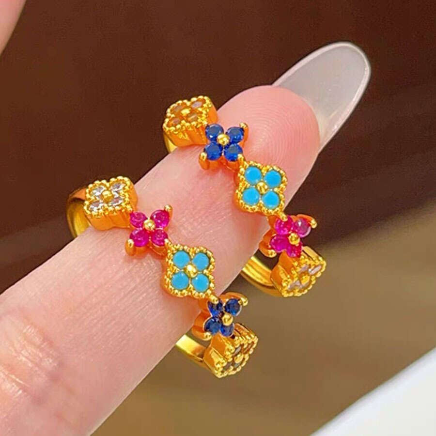 Lucky Colorful Four-Leaf Clover Women's Trendy Unique Light Luxury Summer Sweet Dopamine Rainbow Ring Exquisite