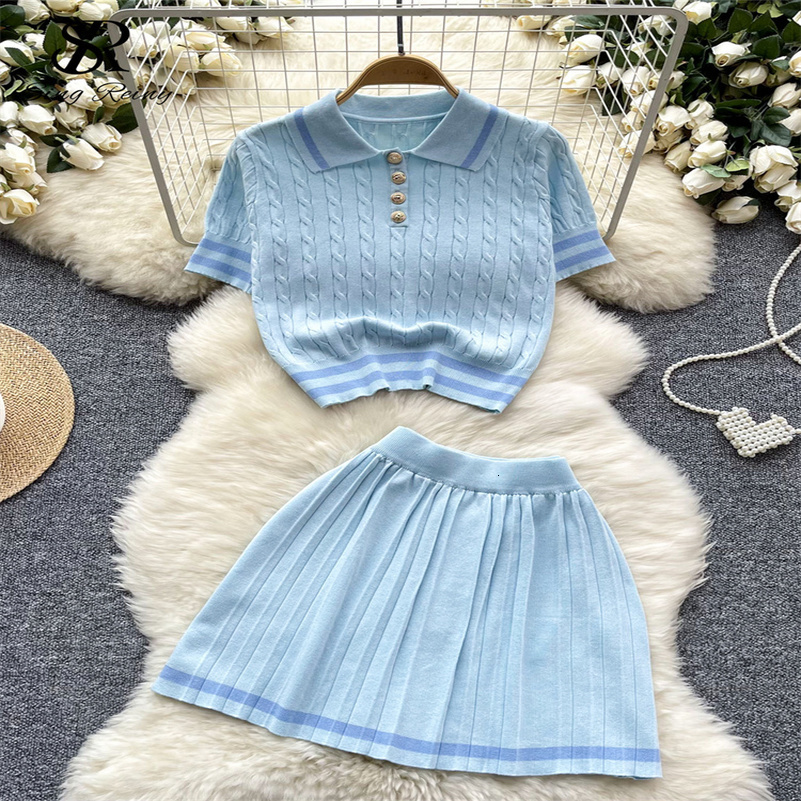 SINGREINY Summer est Knitting Two Pieces Sets Button Vintage Basic TopsHigh Waist Pleated Skirt Women Fashion 2pcs Sets 250729