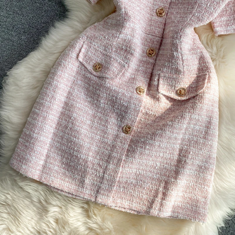 0ceanlove Tweed Vestidos Single Breasted Korean Fashion Summer Elegant Women Dresses Short Sleeve Vintage Sexy Mini Dress 250731