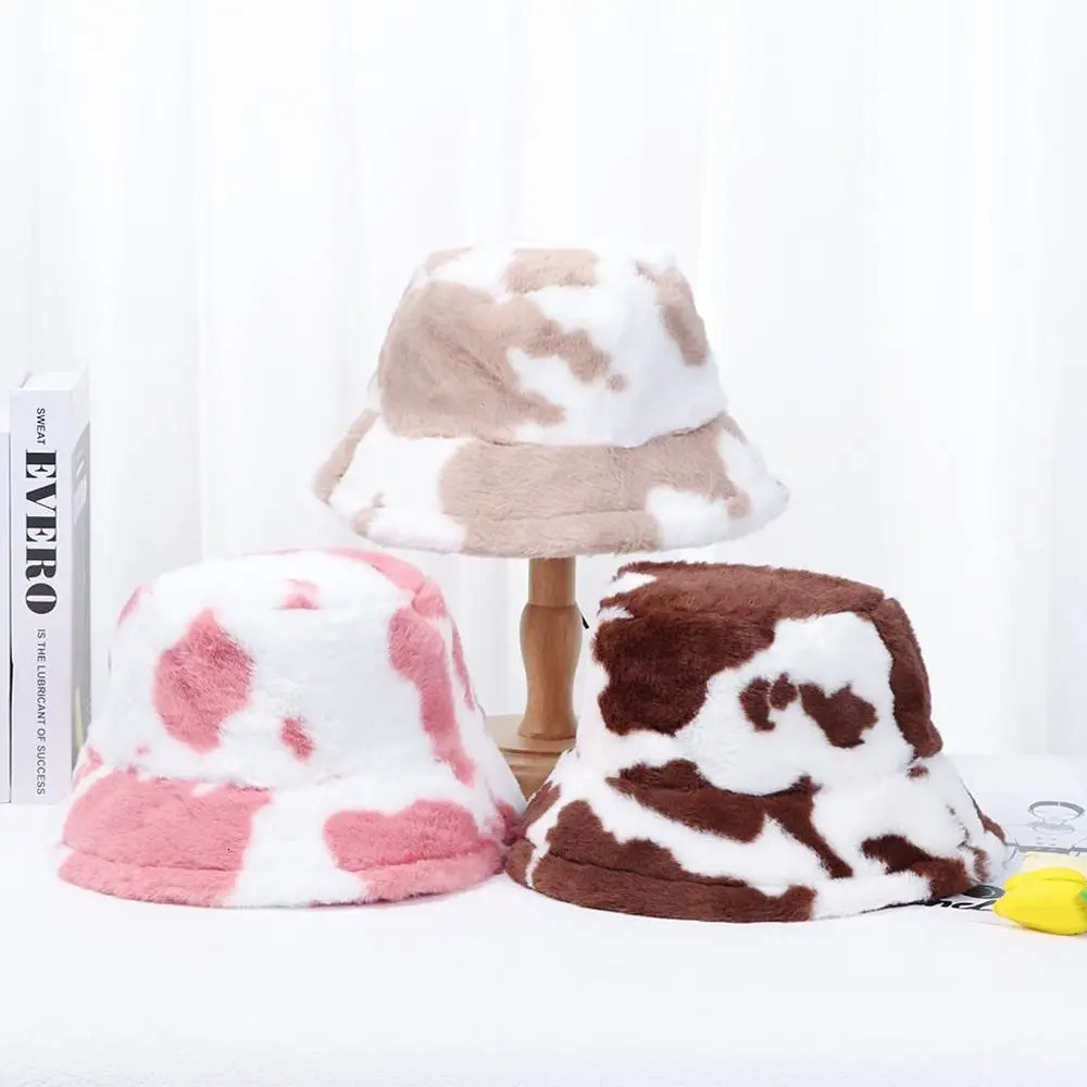 Winter Bucket Hat Womens Fashion Milk Cow Grain Panama Warm Hats Female Vintage Faux Fur Fisherman Beanie Hats For Women Casual 250724