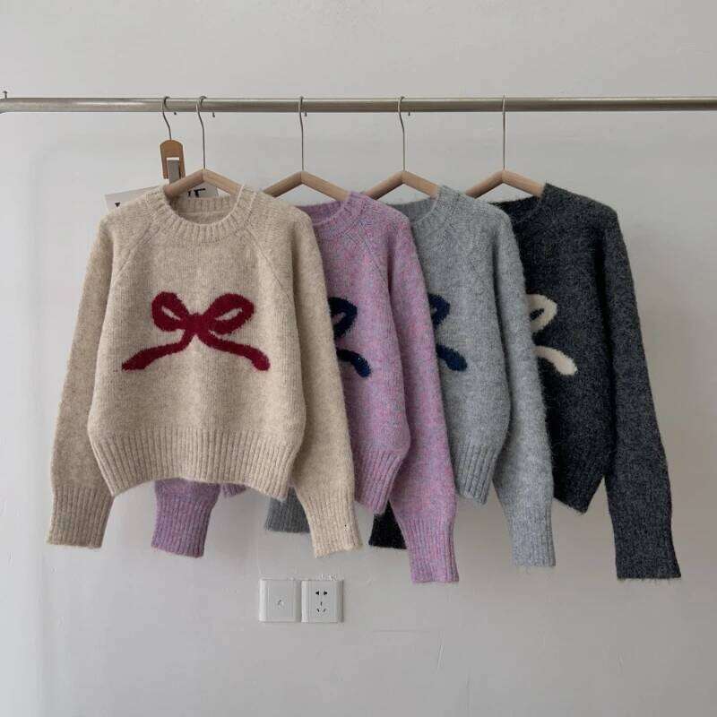 Designer Leisure High Quality Gray Bow Round Neck Pullover Inner Wear Sweater Women Autumn and Winter 2024 New Small Soft Glutinous Base Knit