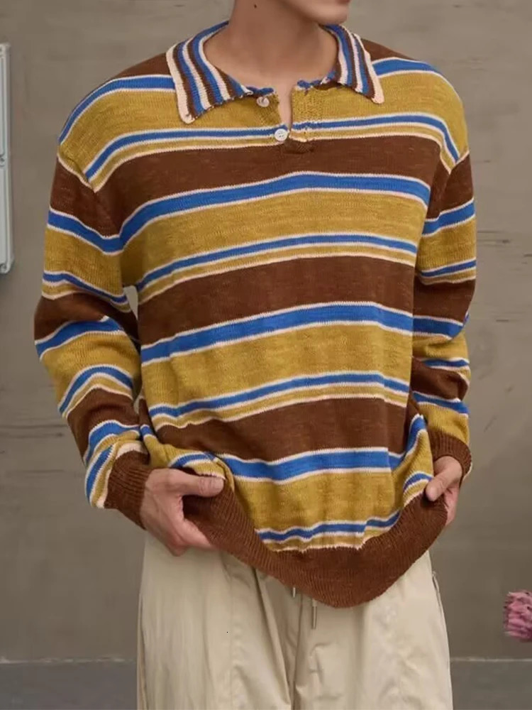 Vintage Contrast Color Knitted Polo Shirt Mens Autumn Outdoor Casual Long Sleeve Jumper Tops Men Fashionable Striped Shirts 250731