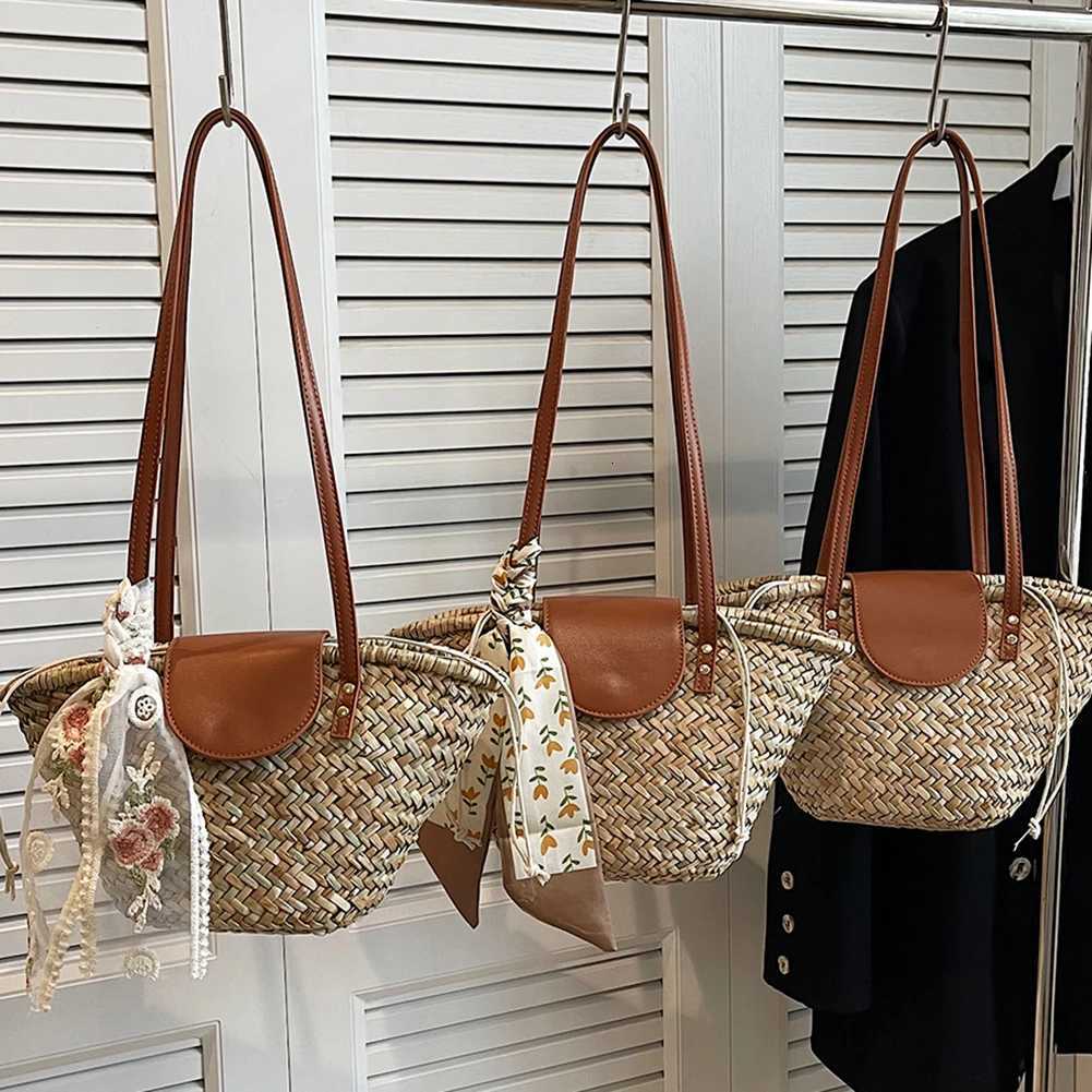 Women Straw Woven Handbag Summer Beach Casual Tote Bag Large Capacity Tote Clutch Bags Fashion Ladies Shoulder Bag for Vacation Y250730