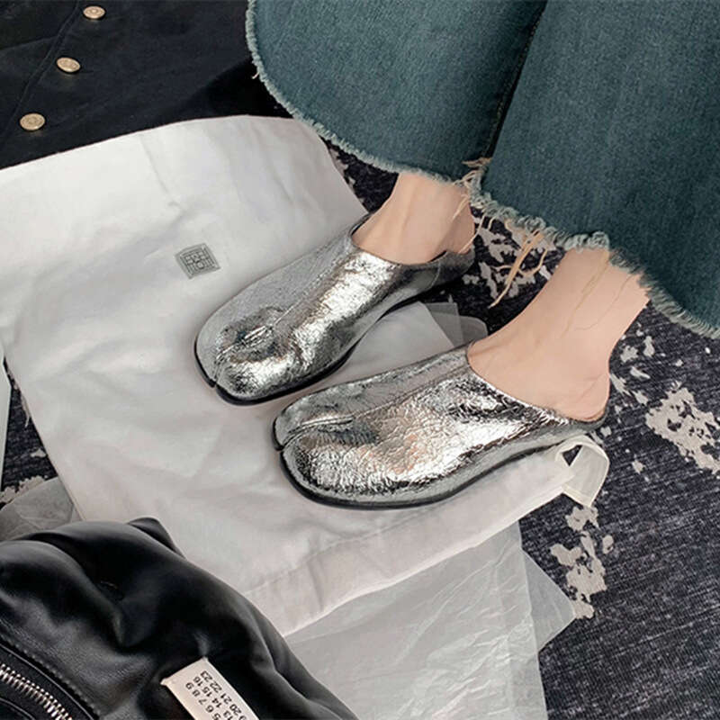 High-End Cowhide Version ~ Grape Mom Same Style Women's Split Toe Flat Half Slippers Lazy Slip-On Pig Hoof Single Shoes for Women
