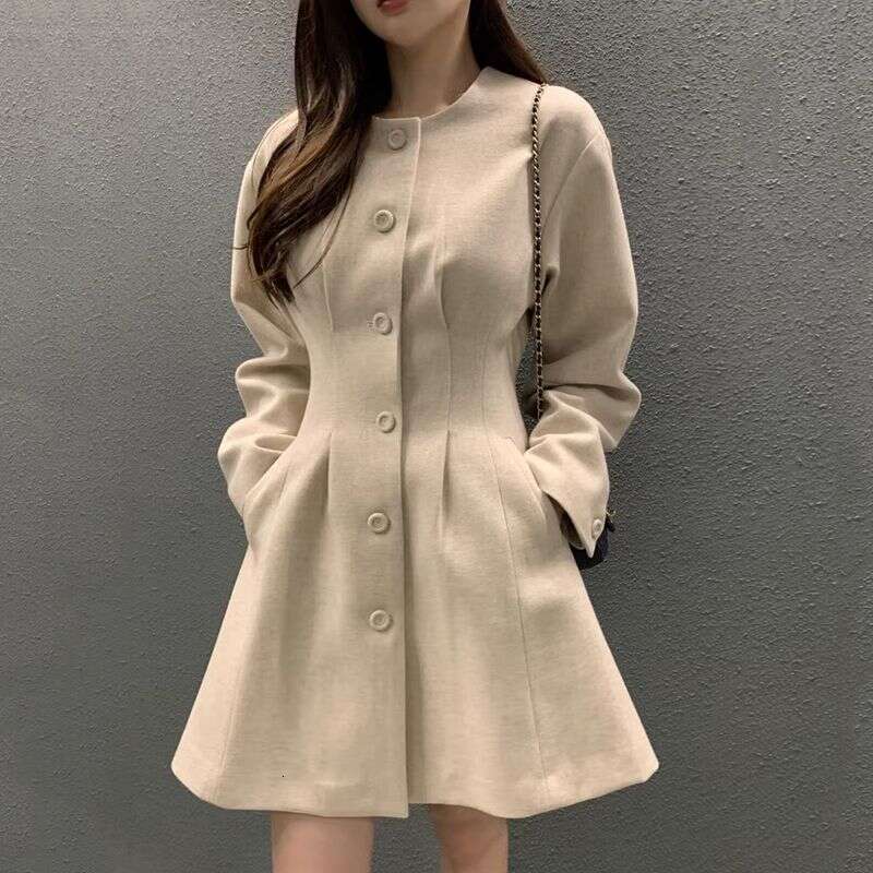 2025 Autumn Round Neck Single Breasted Pleated Waist Slimming Solid Color Long Sleeved Woolen Women's Coat