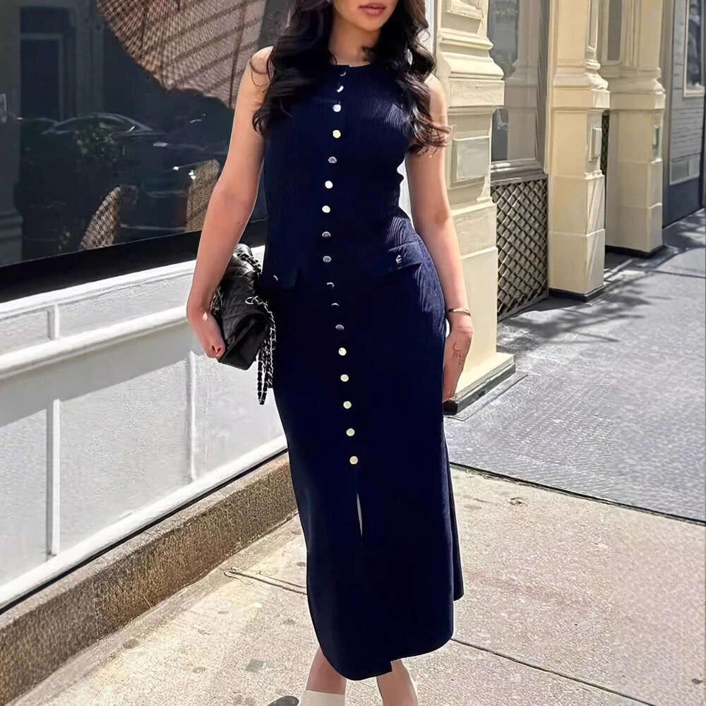 Elegant Women's Knitted Ribbed Long Round Neck Sleeveless Button Slim Fit Dress