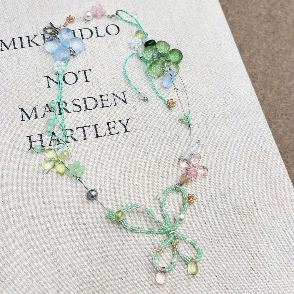 Girlish Summer Colorful Crystal Beaded Flower Bow Ballet Style Women's Collarbone Chain Necklace Niche Versatile aaa