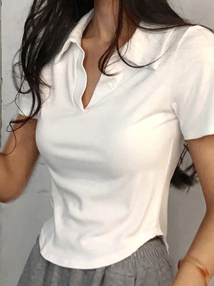 Summer Short Sleeve Lapel Top WomenS Solid VNeck Pullovers Retro Sweet Shirts Girl Crop Top Female Slim Versatile Tee 250724