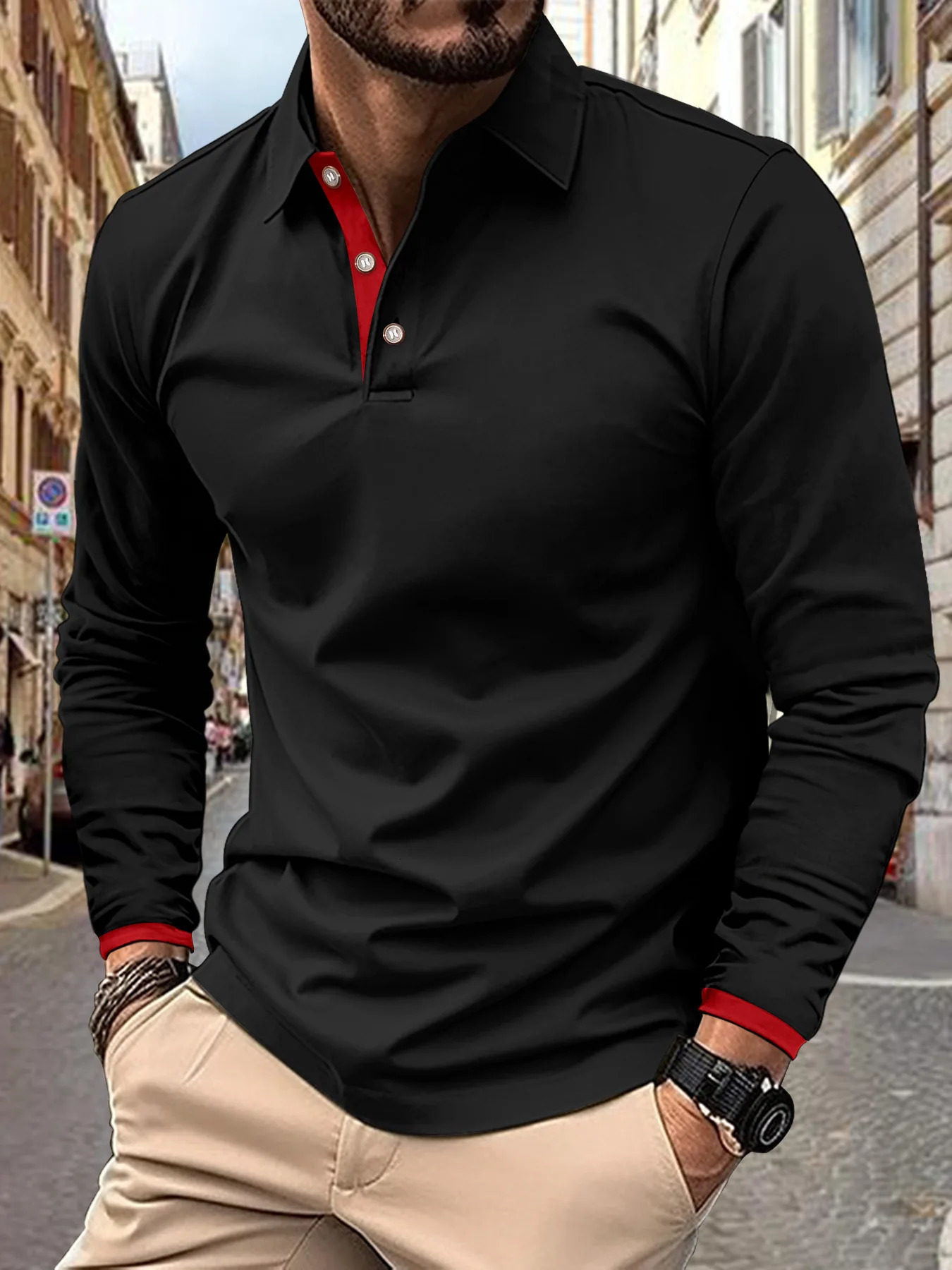 Spring and Autumn mens solid color business slimfit POLO shirt matching lapel long sleeve leisure sports polo 250731