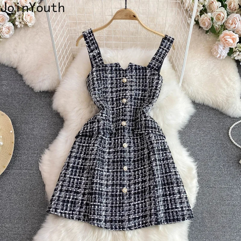 Womens Dresses Korean Dress for Women Slim Waist Sleeveless Tunic Aline Tweed Vintage Temperament Dress 250731