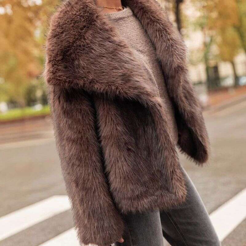 Women's Clothing Solid Color Large Lapel Plush Fur Autumn And Winter Warm Fashion Loose Long Sleeved Coffee Colored Coat