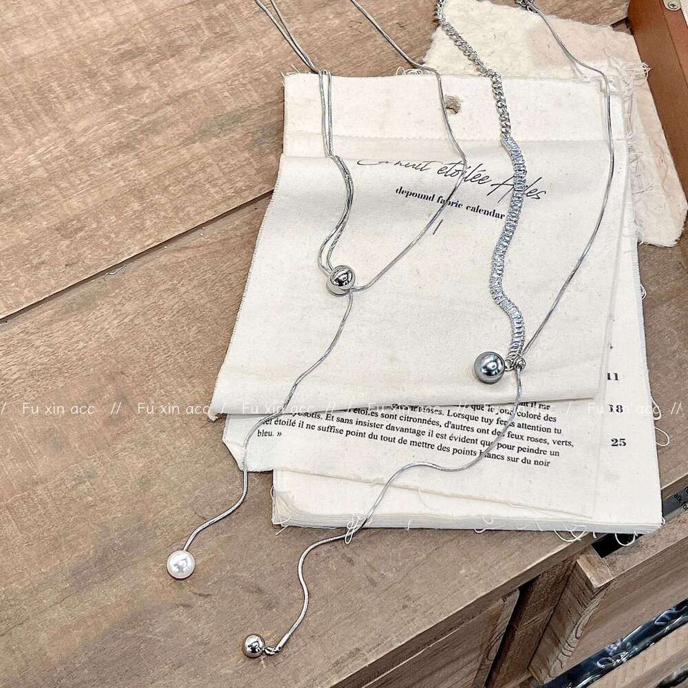 FX New Stainless Steel Round Bead Pendant Tassel Necklace Niche Couple Style Zircon Clavicle Chain Light High-end Choker 986