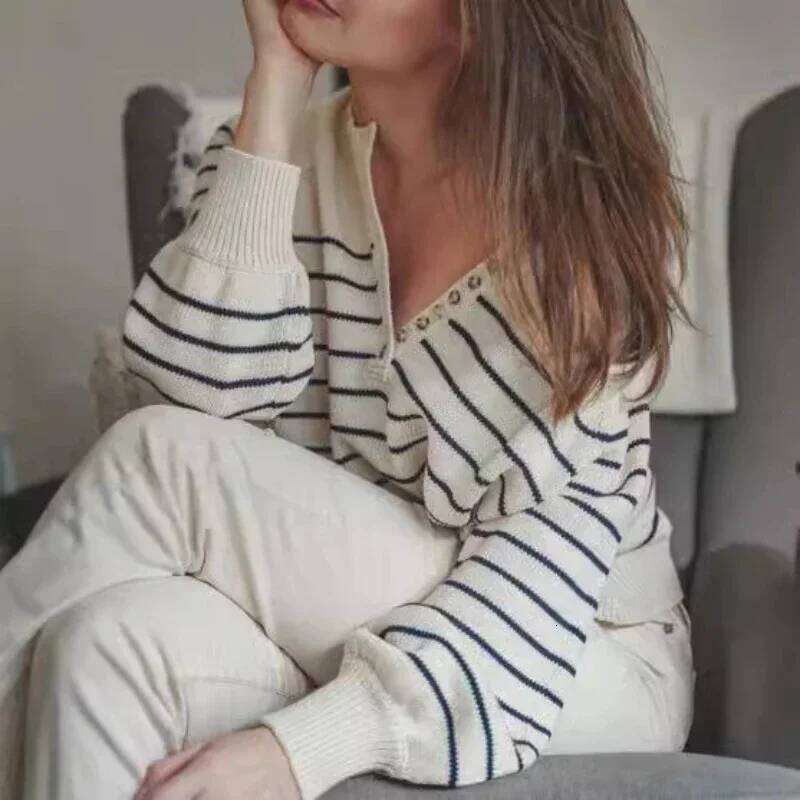 Designer Clothing 2025 Designer Clothing 2025 Women 2024 Autumn And Winter New Striped Knitted Button Round Neck Puff Long Sleeve Sweater
