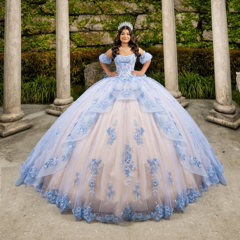Blue Shiny Quinceanera Dresses Off The Shoulder Applique Lace Beads Bow Champagne Lining Ball Gown Vestidos De 15 Anos Sweet 16 Dress