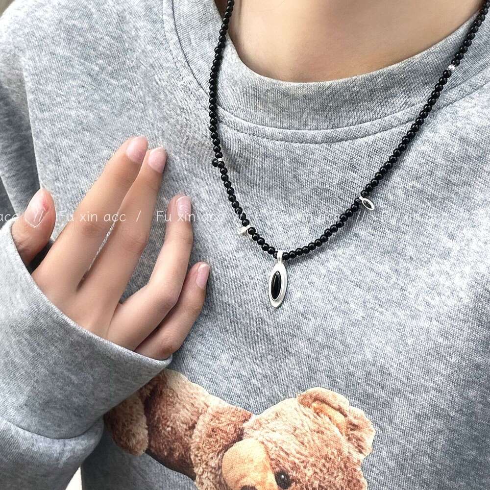 Black Onyx Beaded Korean New Necklace Fashion Versatile Sweet Cool Style Sweater Niche Design High-end Neck Chain b59