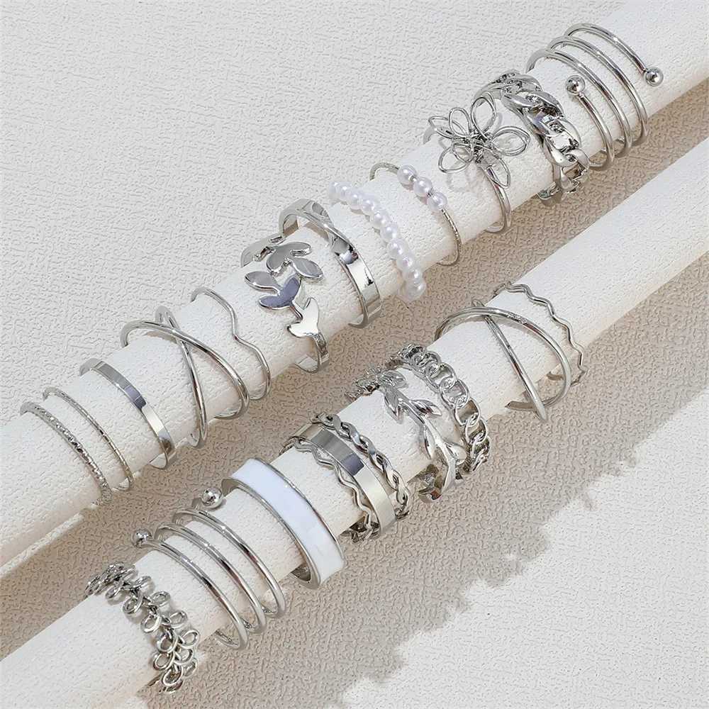 Silver Color Geometric Knuckle Ring Set for Women Artificial Pearl Simple Chain Finger Ring Bohemian Jewelry Accessories y250730