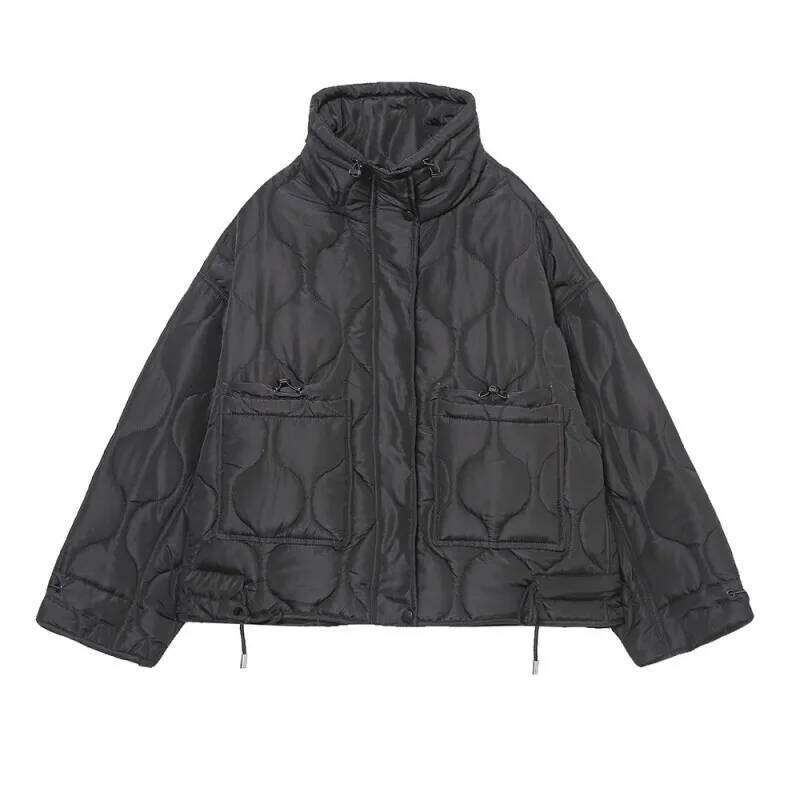 Standing Collar Dia Grid Cotton Women's Autumn And Winter New Fashion Design Sense Pocket Thick Short Jacket 250728