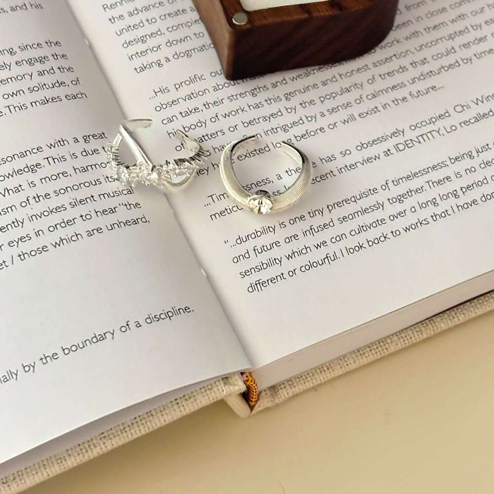 Niche Light Luxury Design Irregular Cross Full Silver Brushed Wave Zirconia Open Ring b6e