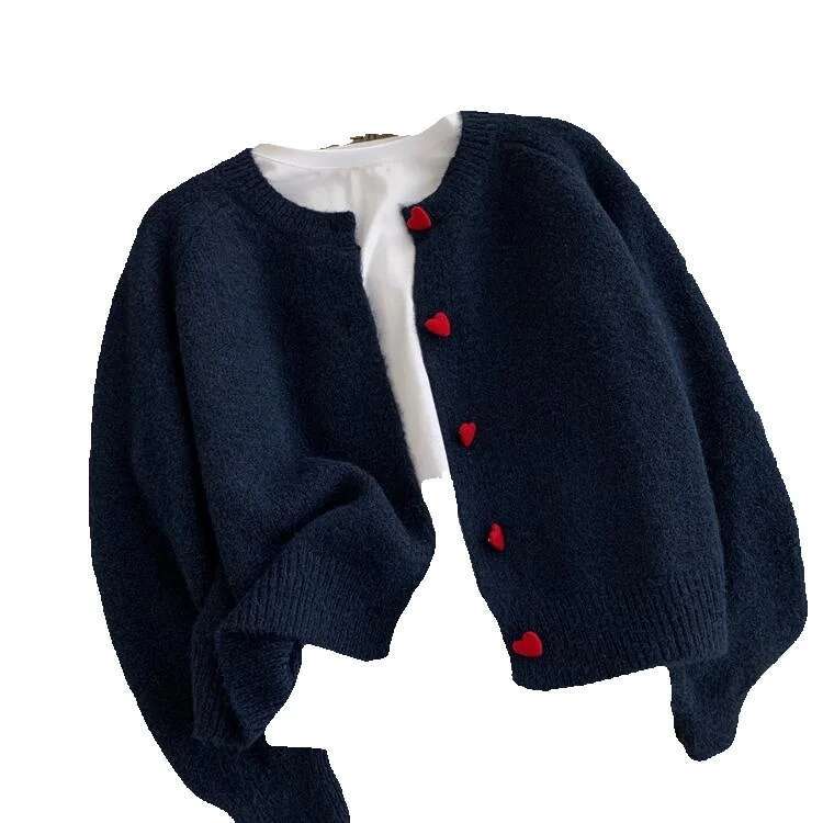 Designer Clothing 2025 Deep Grey Wool Knitted Cardigan For Women In Autumn Winter, Soft And Sticky, Warm, Love Buckle Shoulder Sleeves
