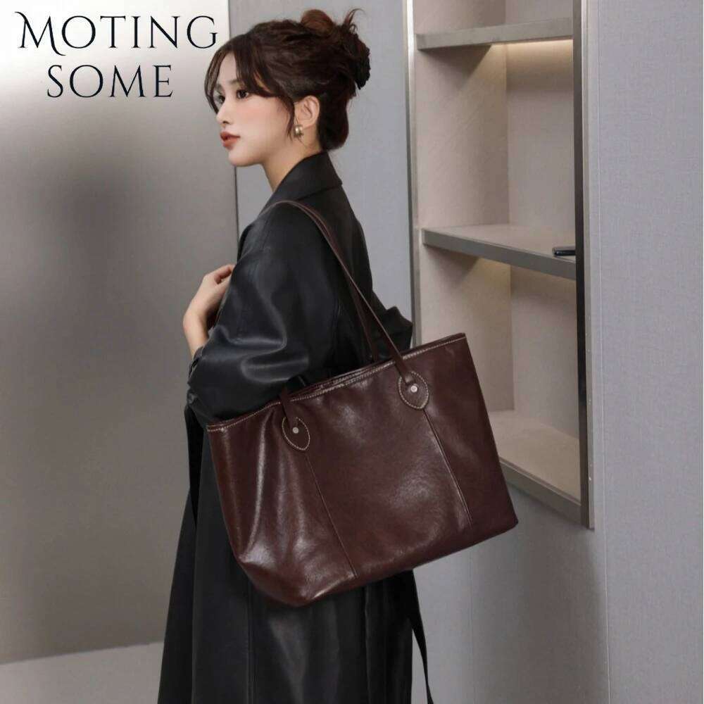 Motingsome Vegetable Tanned Leather Cowhide Women's Minimalism Large Capacity Tote Bag Niche Design Shoulder Handbag