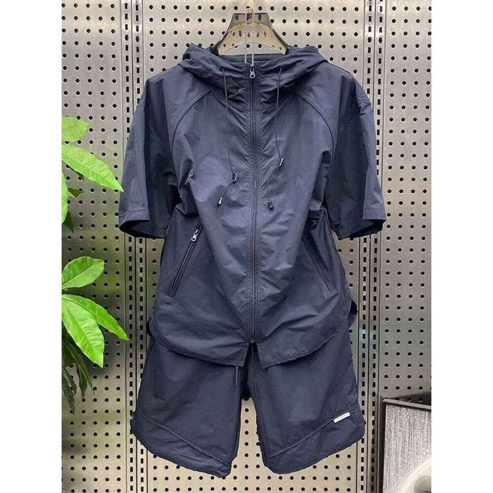 Summer Men Tracksuit Chic Hooded Quick Drying Short Sleeve Shorts Casual Zip Shirt Couple Youth Korean Loose Two Piece Set