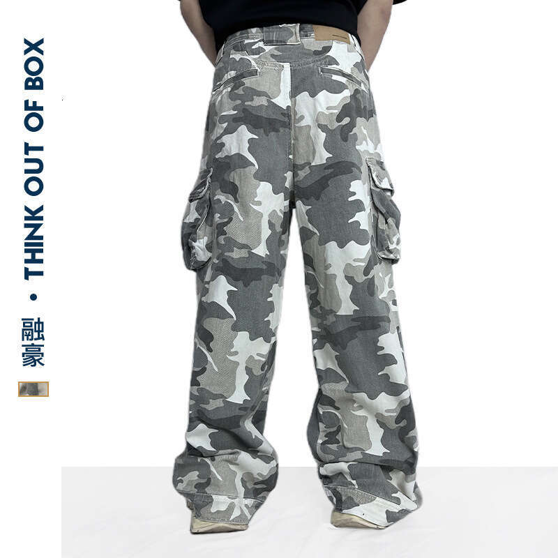 American Camouflage Cargo Washed Vintage Gray White Loose Fit Versatile Trendy Unisex Couple Style Draped Casual Pants B5