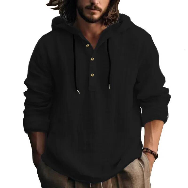 25 New cotton and linen shirts hooded loose large size casual sweater long sleeve hoodie men
