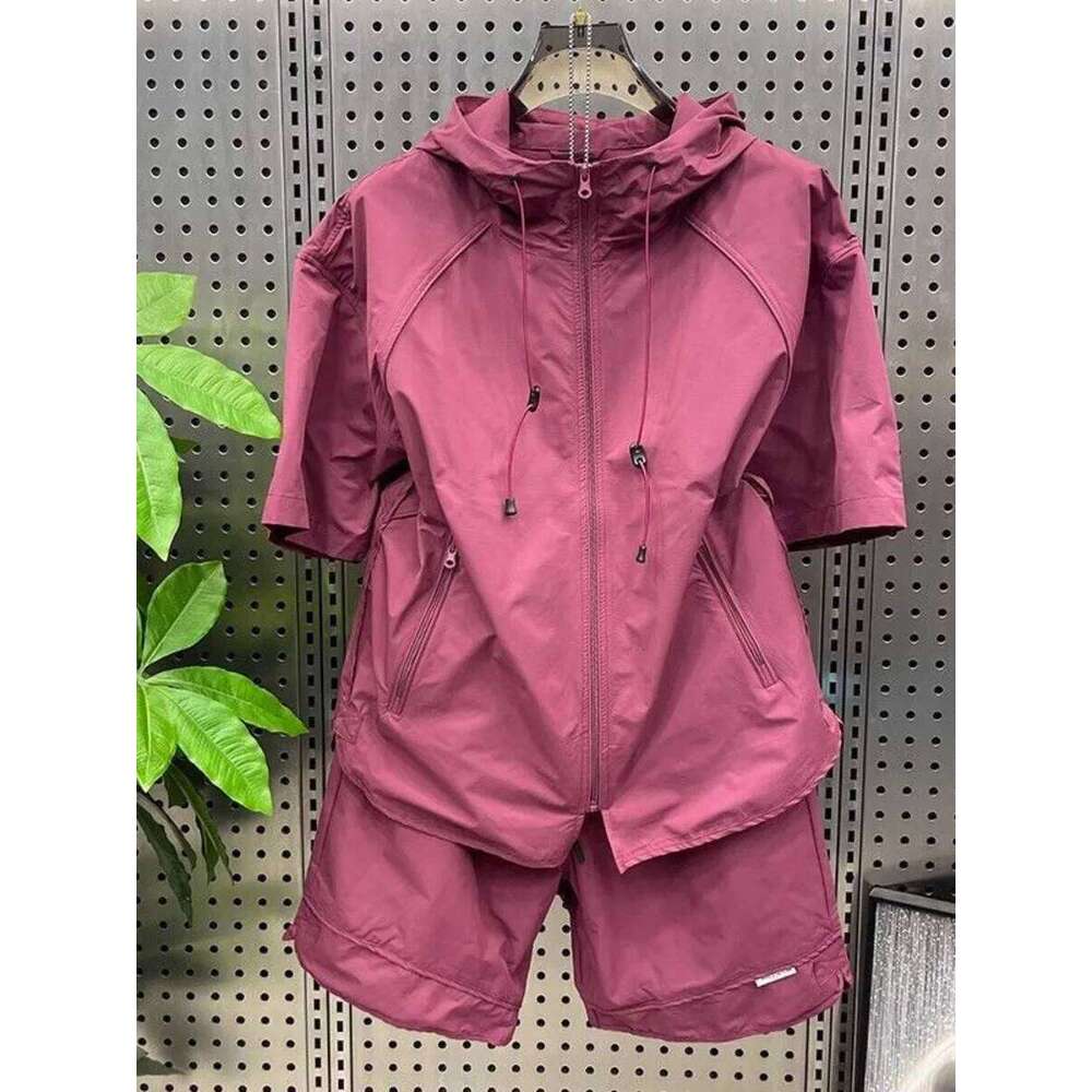 Summer Men Tracksuit Chic Hooded Quick Drying Short Sleeve Shorts Casual Zip Shirt Couple Youth Korean Loose Two Piece Set