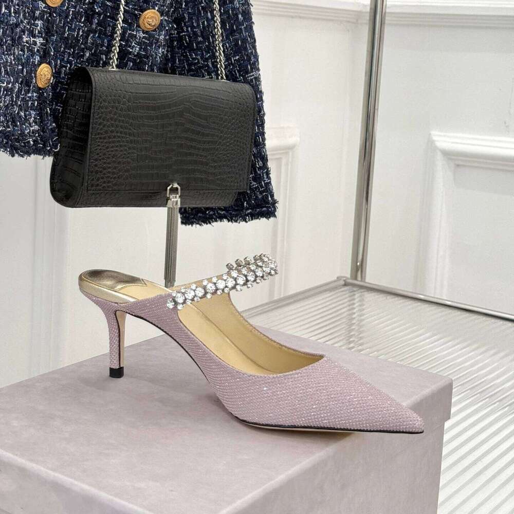 Women Size34-42 Genuine Leather Crystals Mules High Heels Slippers Pointed Toes Slides Designer Shoes Zapatillas De Mujer 371