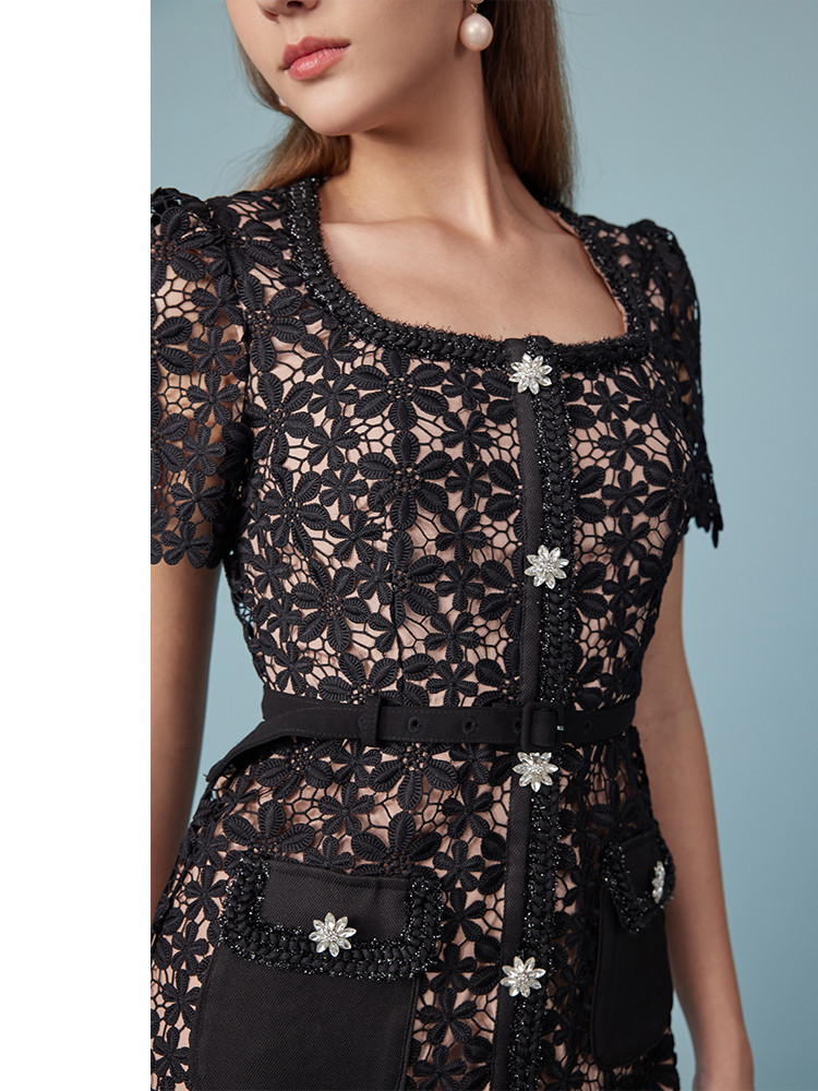 Women Black Lace French Hollow Slim Skirt Square Neck High Waist Belt Breasted Lace Pocket Dress 6116459