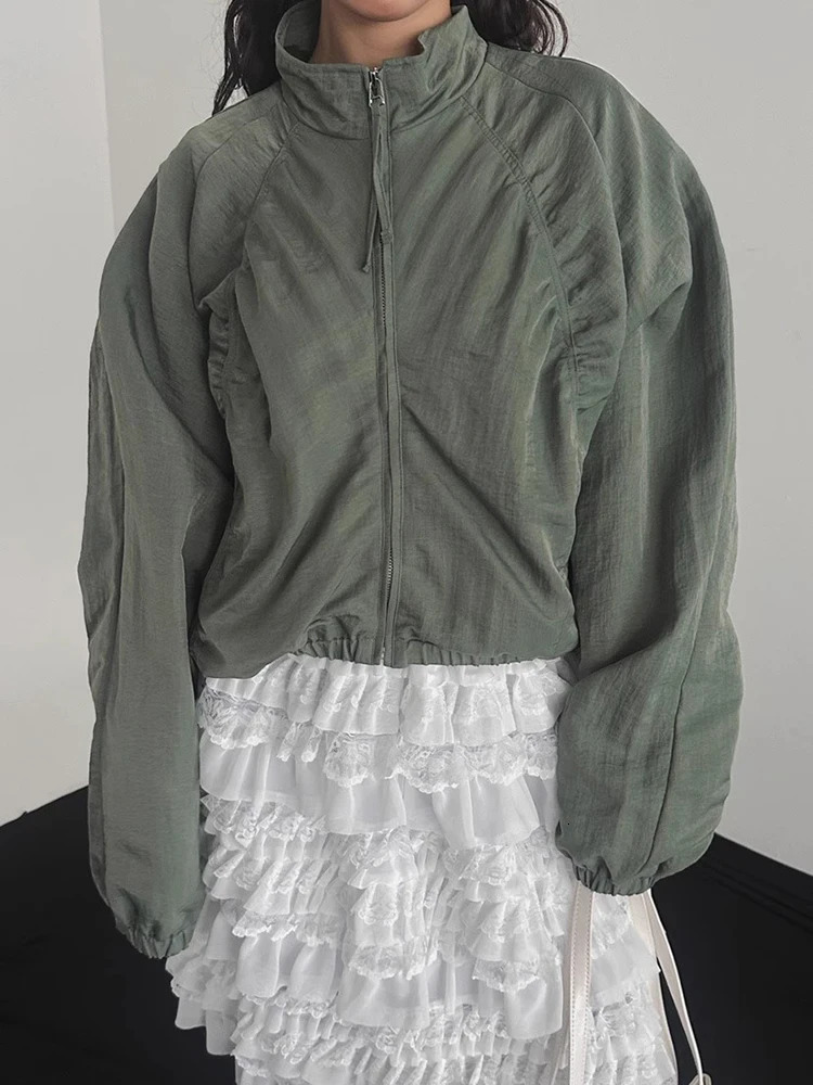 Kusahiki Stand Up Collar Pleated Short Cargo Jacket Womens Spring Style Coat Retro Casual Top 250731