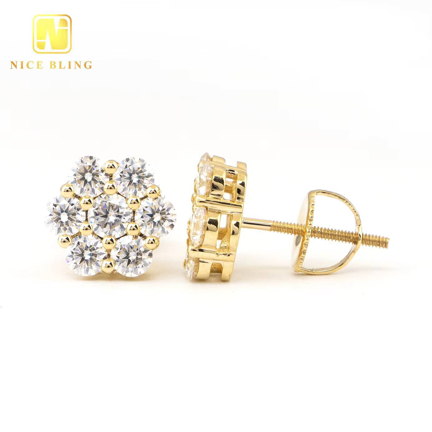 Ready to Ship Flower Shape 10K Solid Gold with Moissanite Diamond Vvs Mens Earrings Gold Stud Earrings