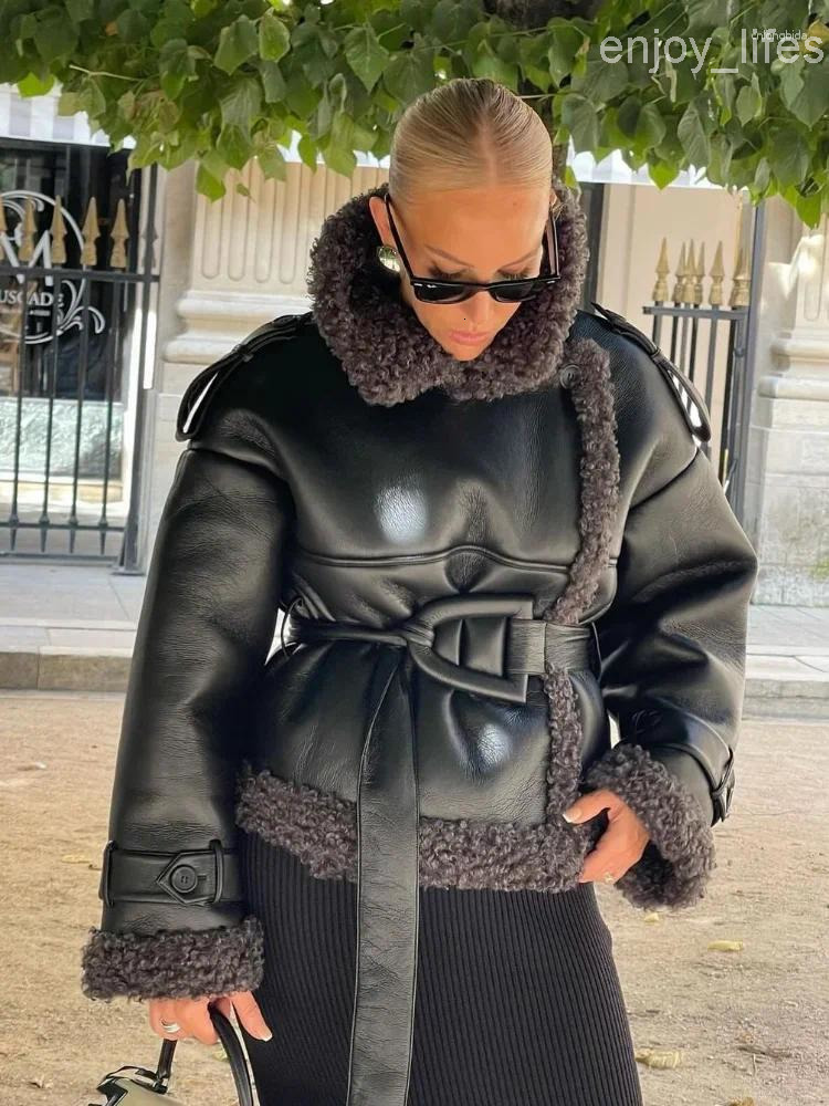 Womens Jackets Casual Winter Warm Sherpa Fashion Spliced Sheepskin Long Sleeve Lace Up Cropped Outerwears 2024 Lady Street Clothing