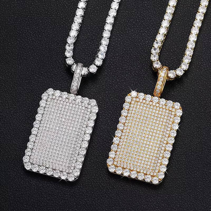 925 Sterling Silver Fine Jewelry Iced Out Square Charm Pendant 14K Gold Plated VVS Moissanite Diamond Hip Hop Pendant Necklace