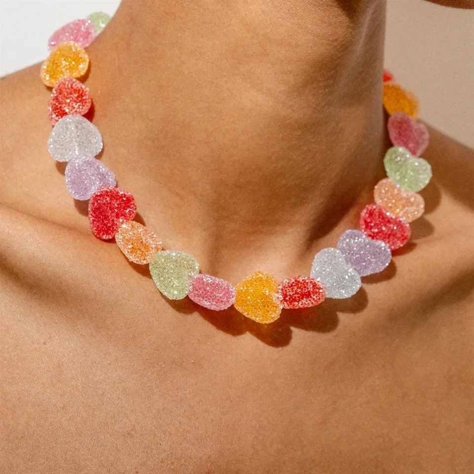 Colorful love resin necklace sweet and cute candy niche n gold-plated color preservation 250729