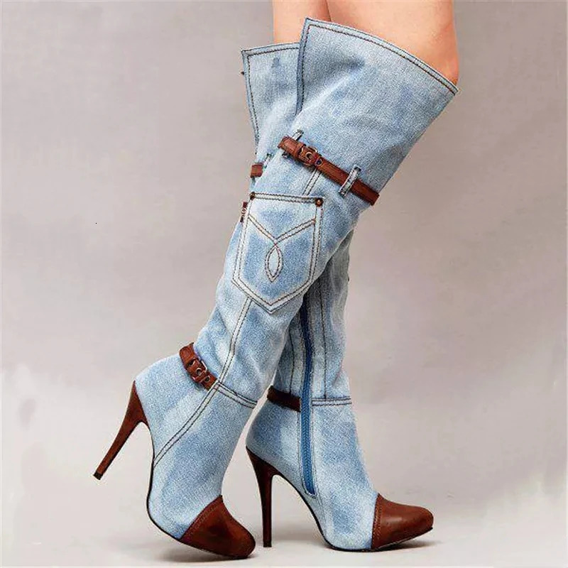 denim boots with high heels fashionable knee length womens boots autumn and winter denim high heels sexy buttons 250729