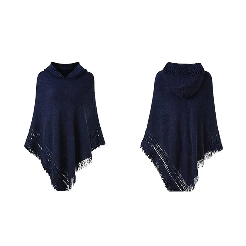 Women Winter Warm Knitted Hooded Poncho Cape Solid Color Crochet Fringed Tassel Shawl Wrap Oversized Pullover Cloak Sweater Top 250729