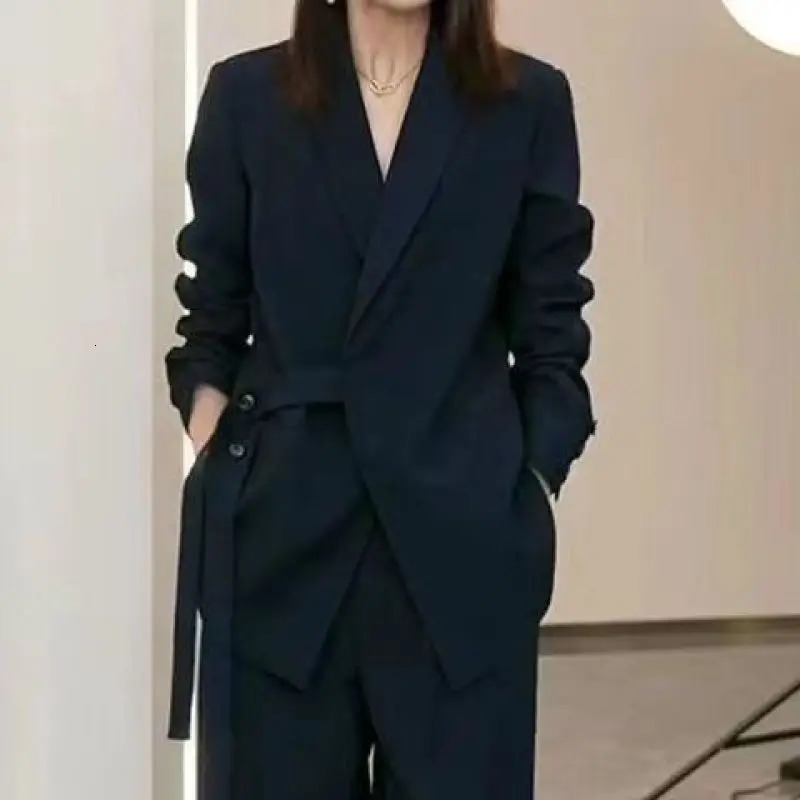 Womens Spring Autumn Casual Suit Jacket Matching Set Korean Elegant Loose Blazers Wide Leg Pants Two Piece Female Clothing 250731