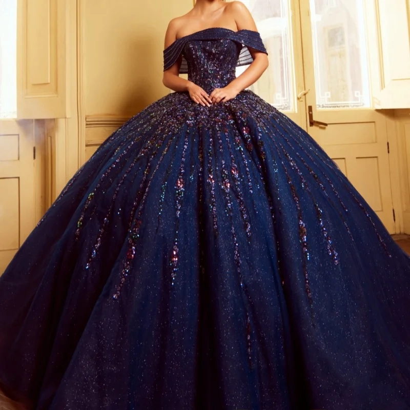 Navy Blue Shiny Quinceanera Off The Shoulder Sequin Beading Crystal Tull Party Birthday Vestidos 15 De Anos Princess Sweet 16 Dress