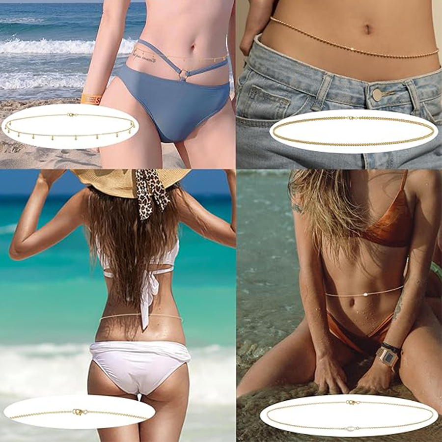 8Pcs Waist Belly Chain 18K Gold Plated CZ Heart Pearl Snake Bead Sequin Paperclip Belly Chain Summer Beach Sexy Body Chains Jewelry Accessories Women 