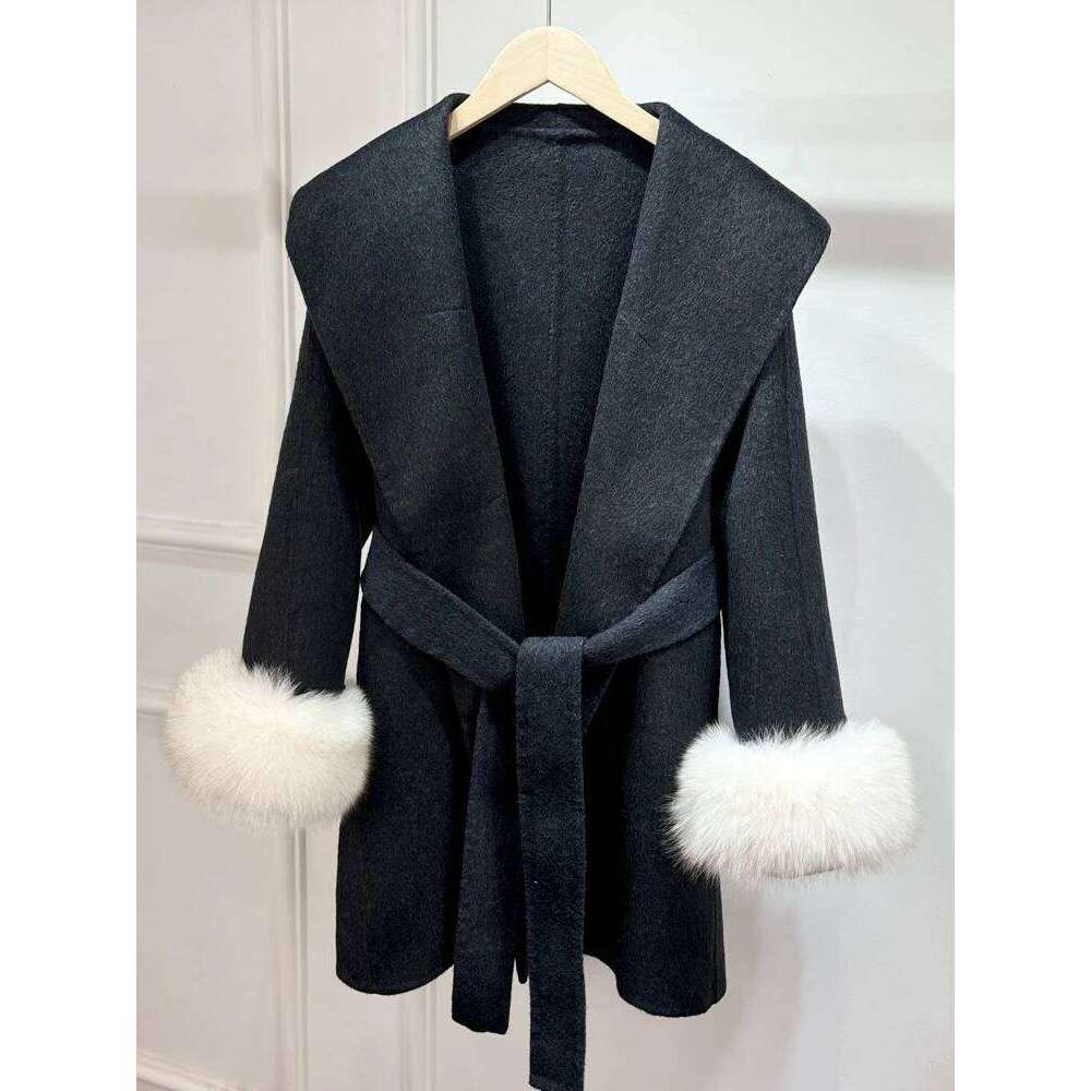 Designer Clothing Janveny 2025 New Winter Real Natural Fox Fur Cuff Ladies Outwear Female Cashmere Wool Coat Outerwear Women Woolen Jacket Fashion