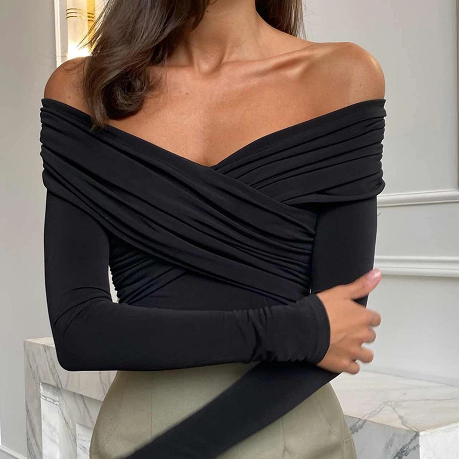 Women Off Shoulder Shirts Short Shirts Fashion Front Cross Long Sleeve Slim Fit Tops Ladies Clothing Clubwear Female Streetwear 250725