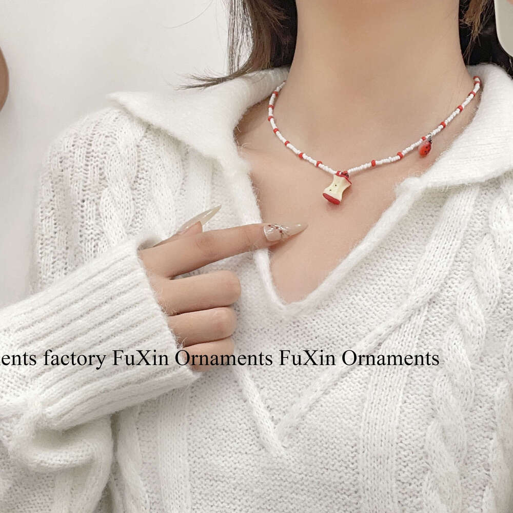 Creative Design Fun Apple Core Beaded Necklace for Women, Small Multi-element Collarbone Chain, Cute and Simple Versatile cf7