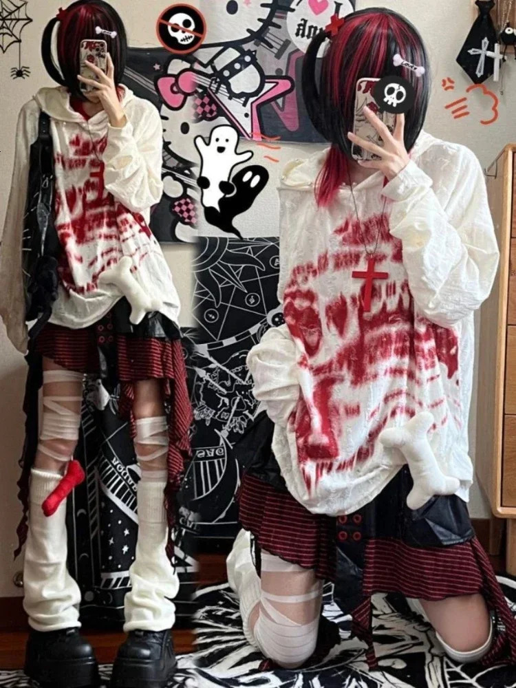 HOUZHOU Y2k Gothic Vintage Women Hoodies Harajuku Print Japanese Fashion Hooded Pullovers Loose Long Sleeve Grunge Streetwear 250730