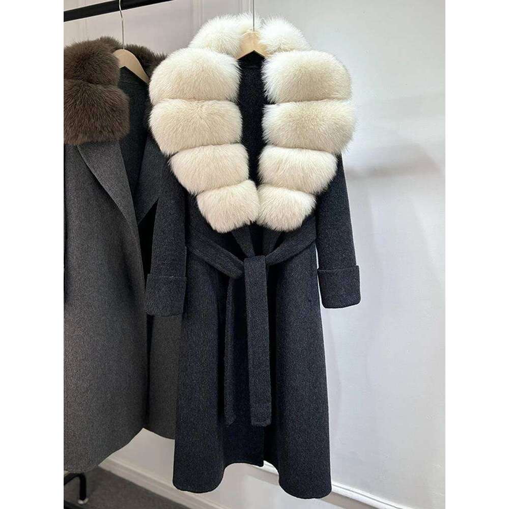 Designer Clothing Janveny Cashmere Double-Sided Woolen Women Removable Natural Fox Fur Jacket Autumn Winter Long Temperament Wool Coat Fashion