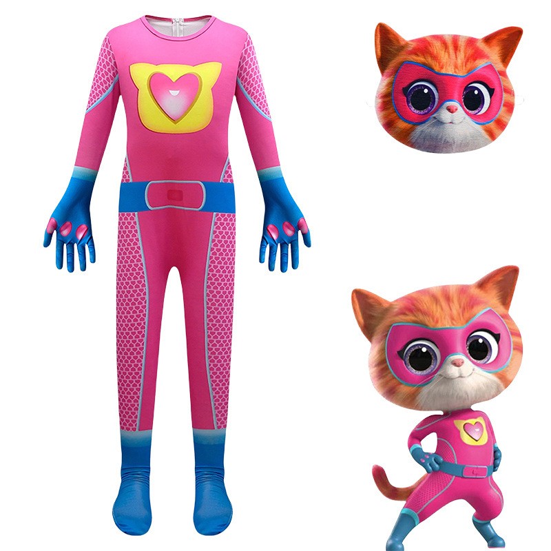 Children's cute hero style one-piece tight-fitting suit, super cat pink and blue contrasting cat ear mask cosplay costume